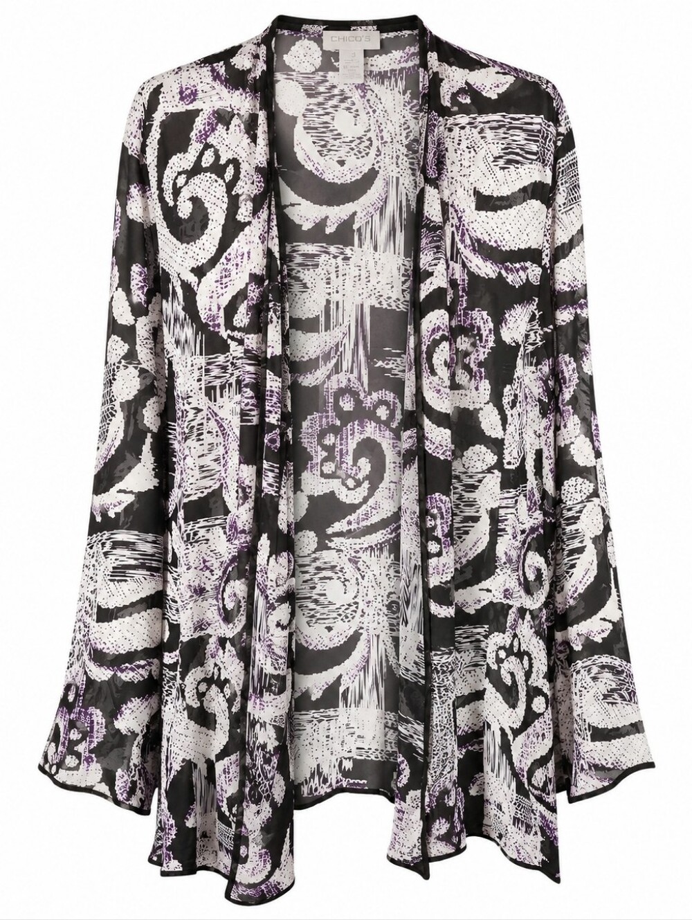 CHICO'S | Monochrome Black White Purple 100% Silk Sheer Kimono Wrap Jacket | XL